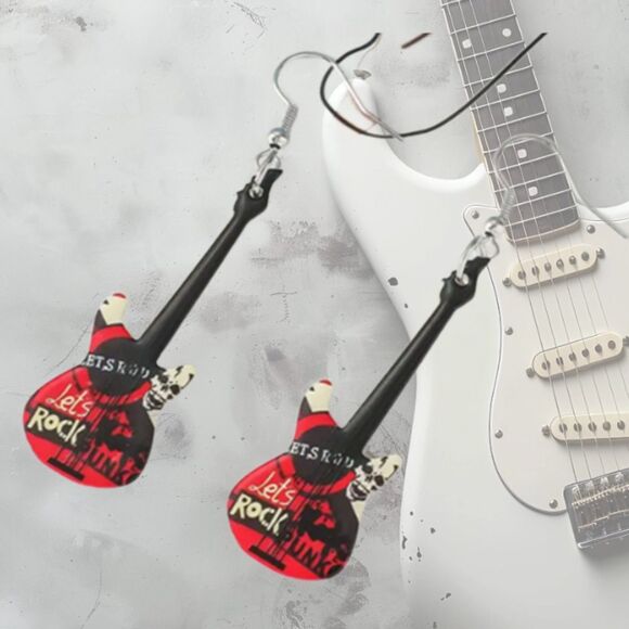 RED Rock Electric Guitar Earrings Music Concert Skull - Picture 1 of 3